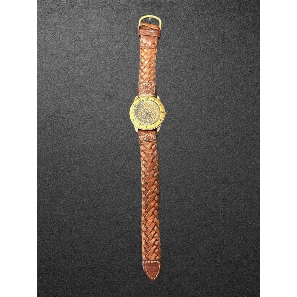 Vintage Guess Watch 1990s Braided Leather Strap Gold Tone FOR PARTS REPAIR